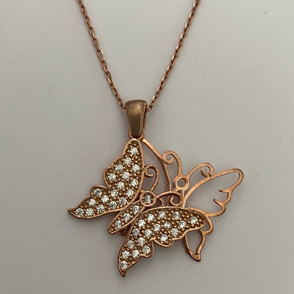 925 Silver butterfly necklace clear cz 14k rose gold plated